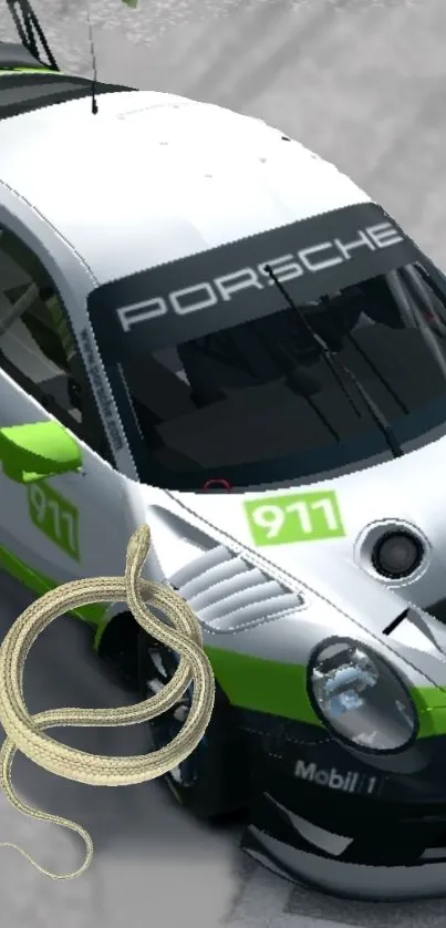 Porsche racing car with a snake on the hood.