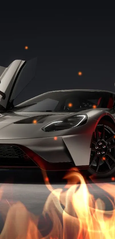 Supercar with flames on a dark background.