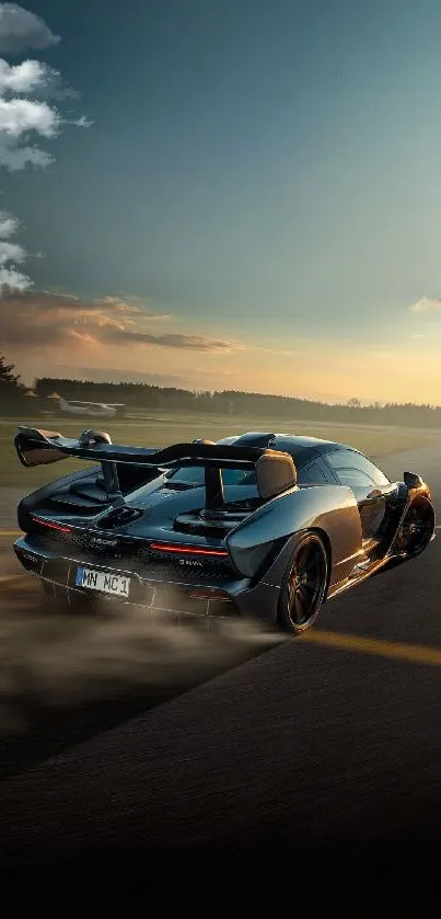 Supercar accelerating on a scenic road during sunset, ideal for mobile wallpaper.