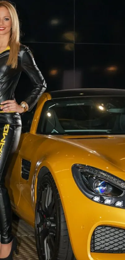 Dynamic yellow AMG sports car with a stylish model.