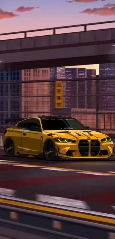 Sporty yellow car on urban street at dusk, cityscape in background.