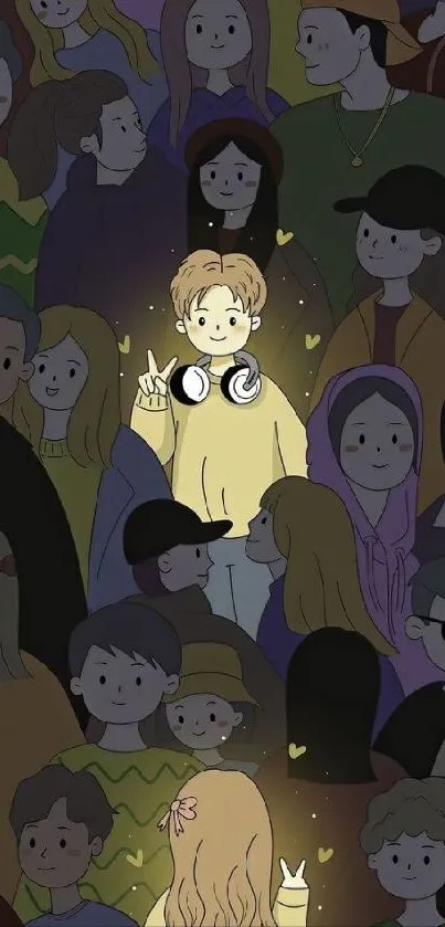 Cartoon crowd wallpaper with a spotlight on a character wearing headphones.