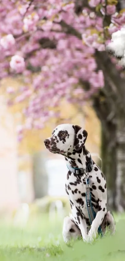 Dalmatian sitting under cherry blossoms in a vibrant garden setting.