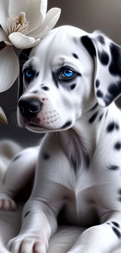 Dalmatian puppy with blue eyes and magnolia flower.