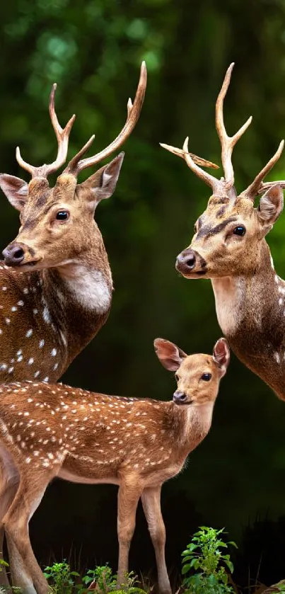 Spotted deer family in a lush green forest wallpaper.