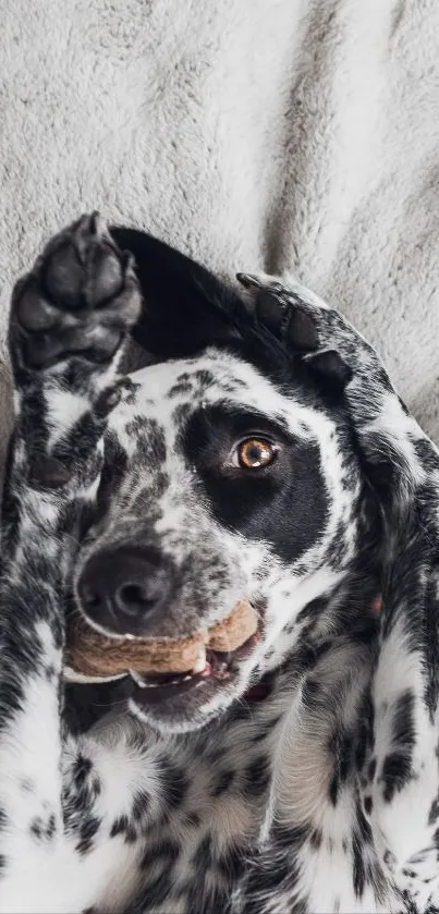 Spotted dog playfully lying on a grey blanket, holding a toy.