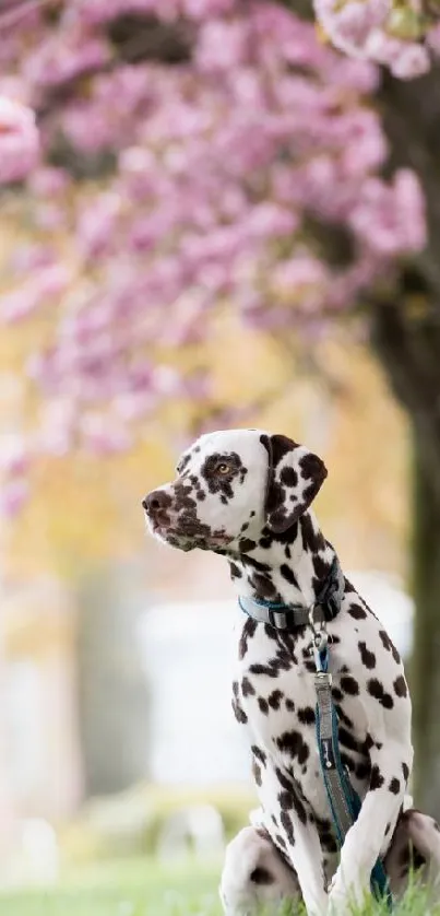 Dalmatian sitting under blooming cherry blossoms in spring.