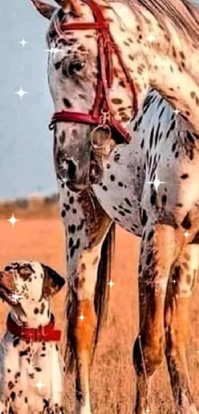 Spotted horse and Dalmatian in a golden field.