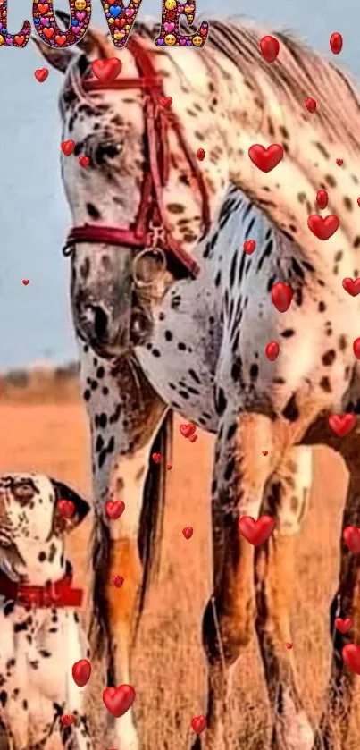 Spotted horse and Dalmatian with hearts in a field.