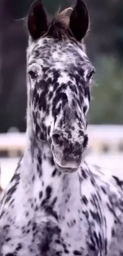 Spotted horse with black and white pattern on mobile wallpaper.