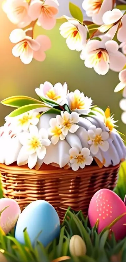 Easter basket with flowers and eggs on green grass.