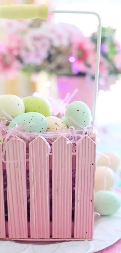 Pastel basket filled with Easter eggs and flowers.