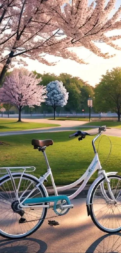 Bicycle under cherry blossoms in a spring park setting.