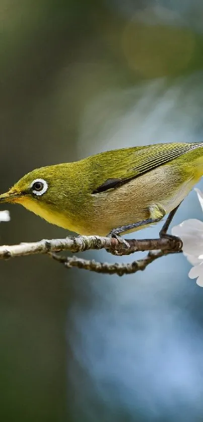 Bird sitting on cherry blossom branch with blurred background.