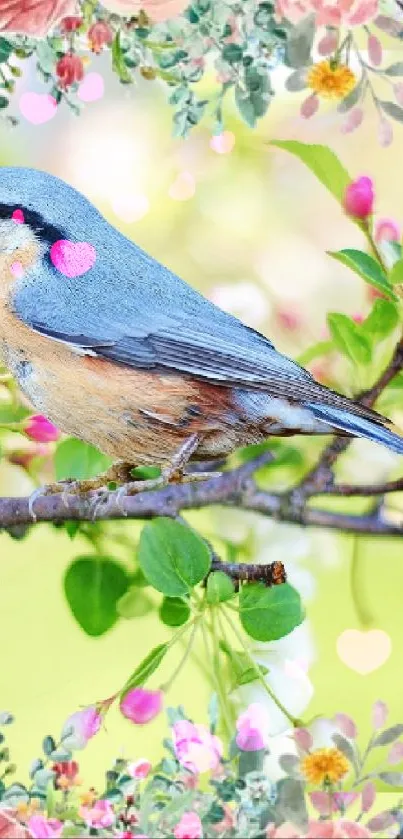 Vibrant wallpaper with bird on blossom-filled branch and floral frame.