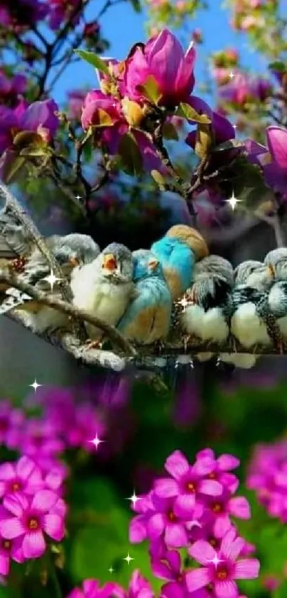 Birds perched on a branch with pink flowers in vibrant sunlight.