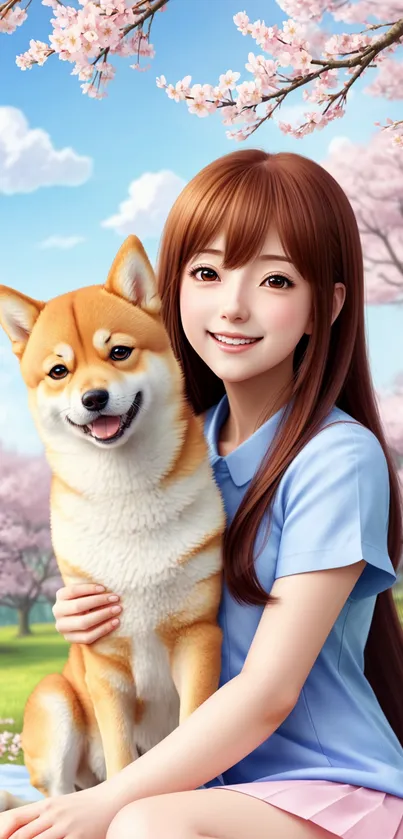 Anime girl with Shiba Inu under cherry blossoms, perfect for mobile wallpaper.