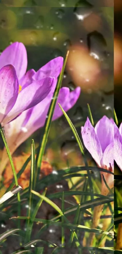 Purple crocus flowers in green grass with a sunlit glow.