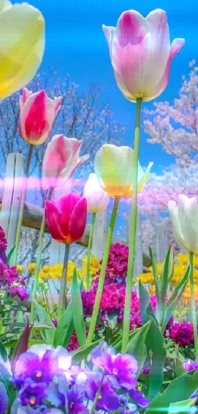 Colorful tulips bloom under a clear blue sky in spring.