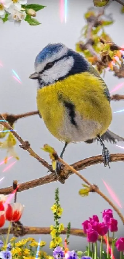 A bird perched on a blossoming branch, set against a colorful spring backdrop.