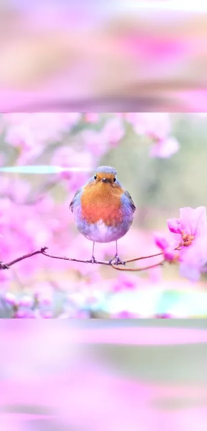 Vibrant bird on a branch with pink blossoms, set in nature.