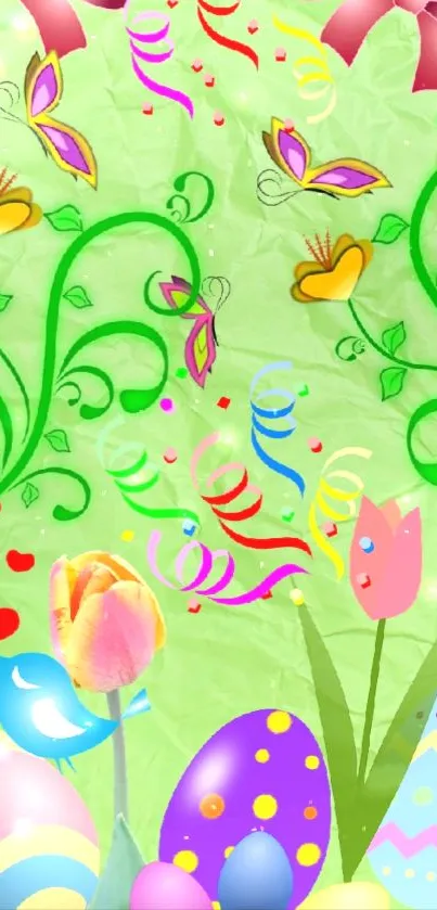 Vibrant spring wallpaper with flowers and butterflies on a green background.