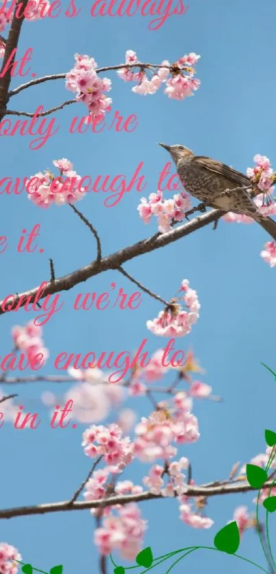 Bird on a cherry blossom branch with an inspirational quote.