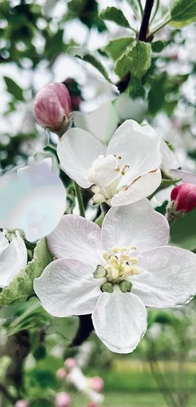 Mobile wallpaper with white apple blossoms and pink buds.