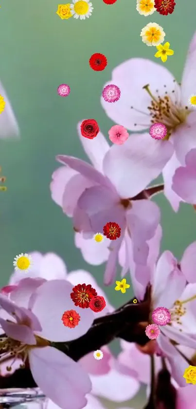 Pink cherry blossoms with colorful highlights on a green background.