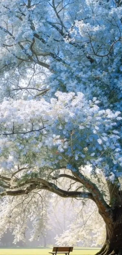 A serene spring blossom tree with blue and white hues in a peaceful park setting.