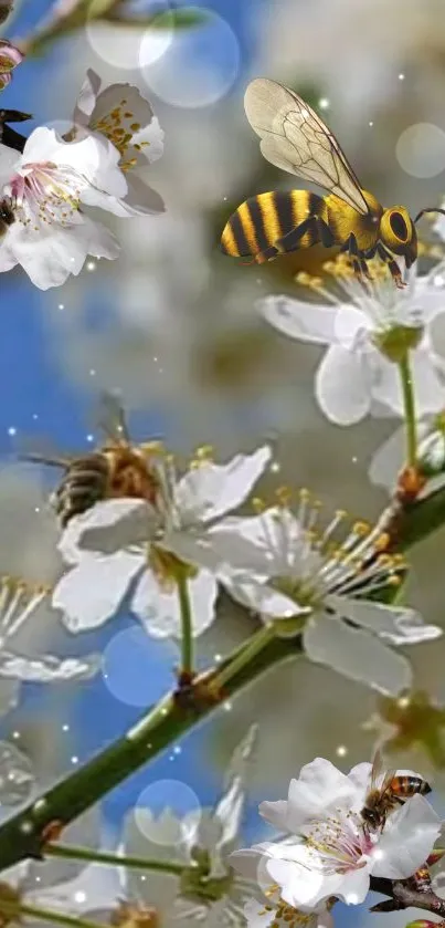 Bees buzzing around white spring blossoms under a blue sky.