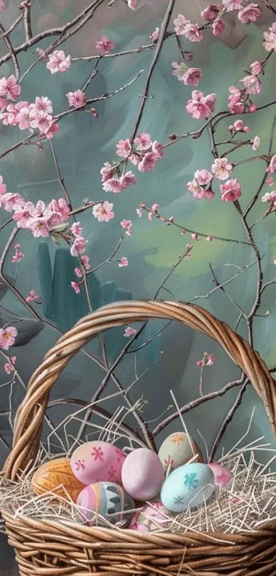 Wicker basket with Easter eggs beneath cherry blossoms.