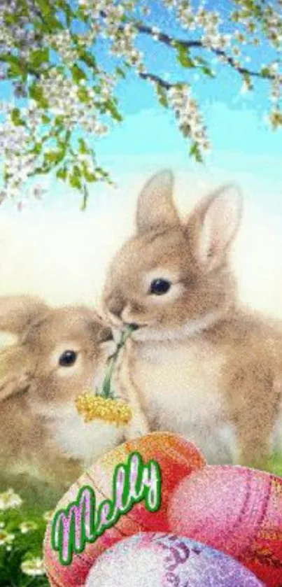 Cute bunnies with Easter eggs under a blooming tree.