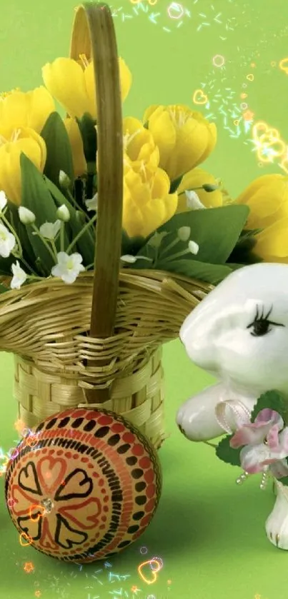 White bunny with tulips and Easter eggs on green.