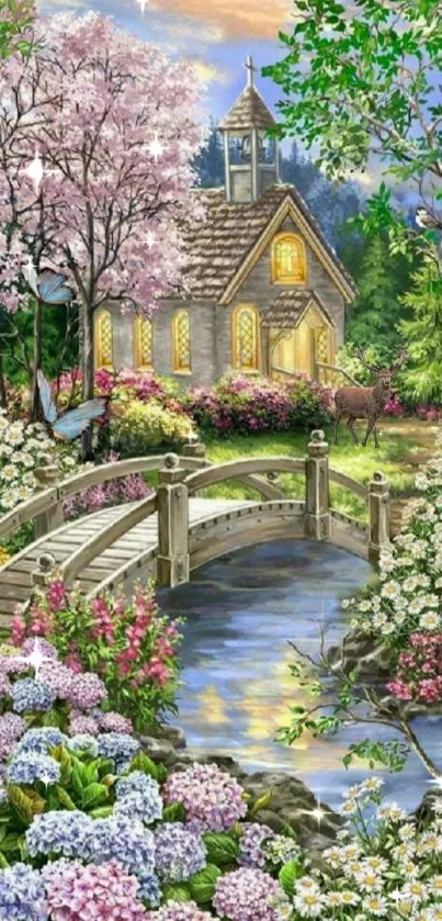 Serene spring village scene with a church, flowers, and a bridge.