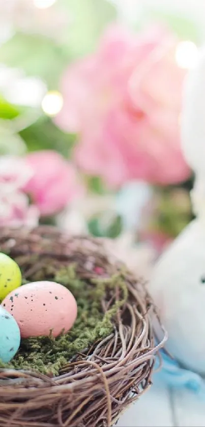 Easter-themed wallpaper with eggs, flowers, and bunny in soft colors.