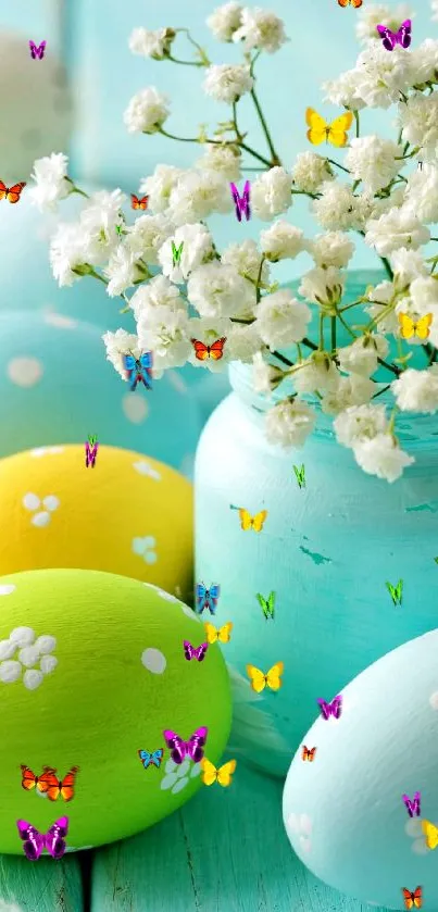 Vibrant Easter eggs and flowers in turquoise tones.