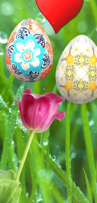 Vibrant mobile wallpaper with eggs and tulip.