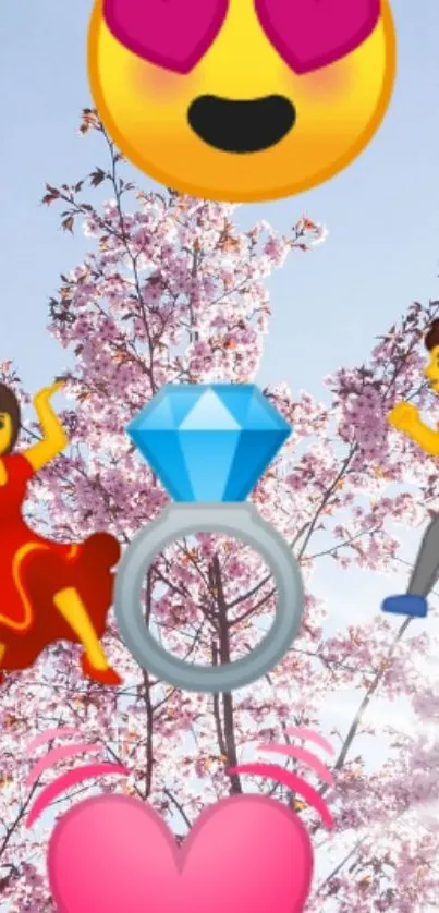 Dancing emojis with cherry blossoms in the background, romantic and vibrant.