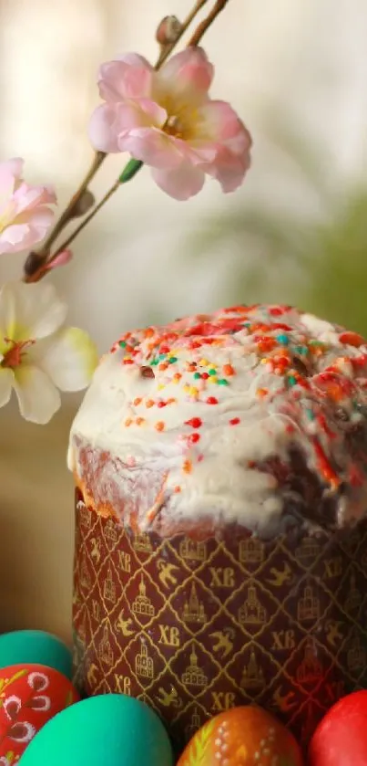 Spring cake with flowers and colorful eggs.