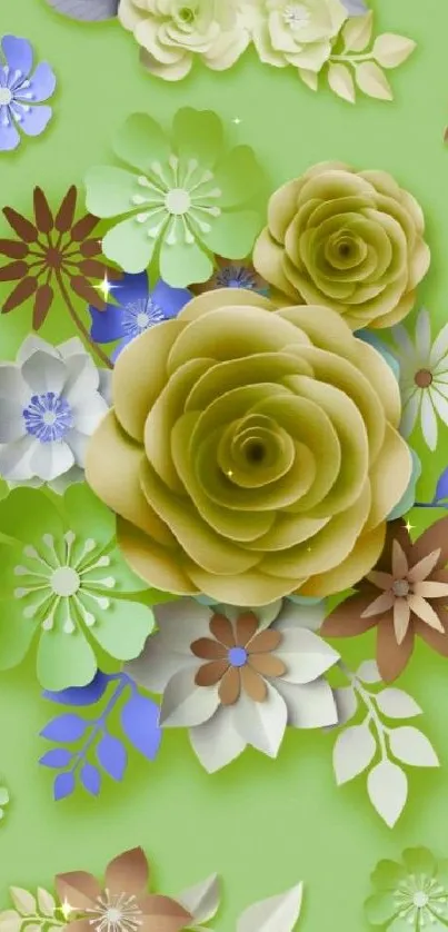 A vibrant floral wallpaper with green tones and detailed flower designs.