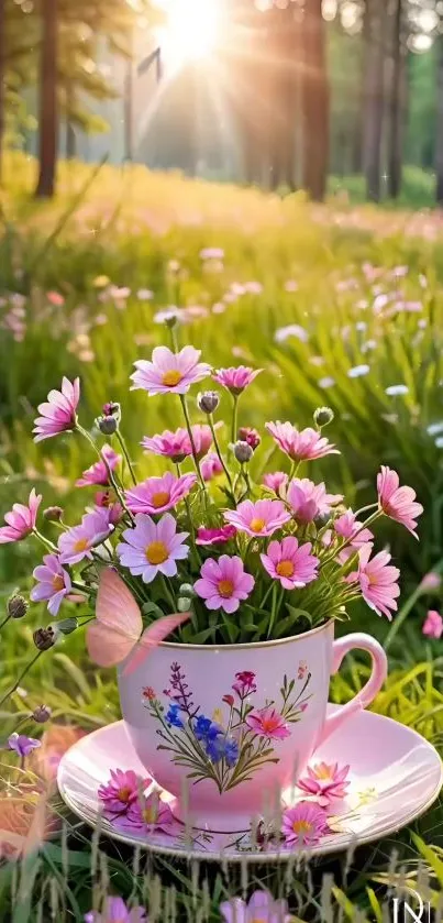 Floral teacup in a sunlit meadow with pink flowers and bright green grass.