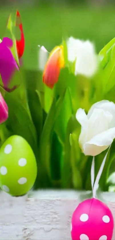 Colorful spring tulips and Easter eggs wallpaper.