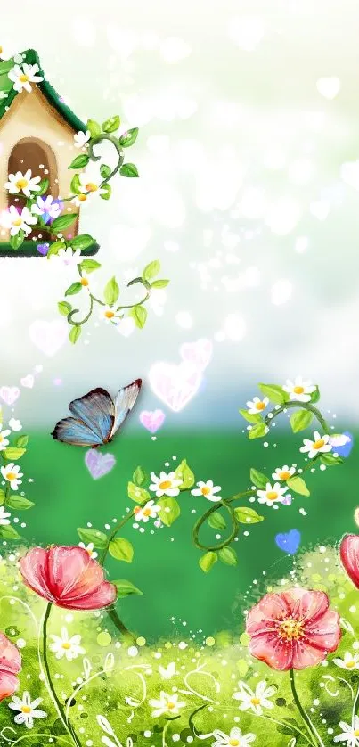 Beautiful spring floral wallpaper with flowers and birdhouse.