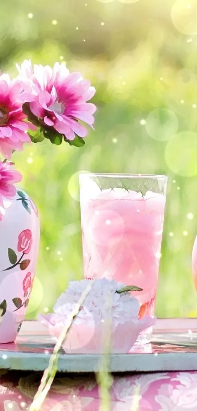 Floral vase and lemonade in sunny meadow.