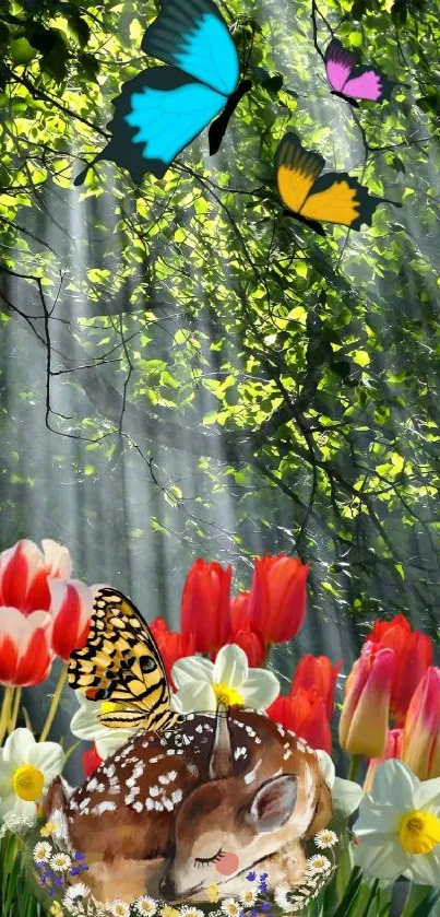 Enchanting forest scene with flowers and butterflies in sunlight.