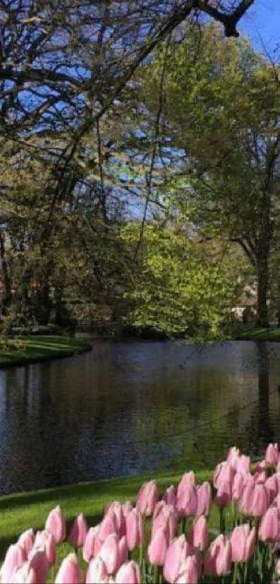 Serene spring garden with tulips and pond.