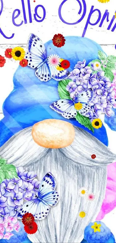 Spring gnome with butterflies and flowers on a vibrant blue background.