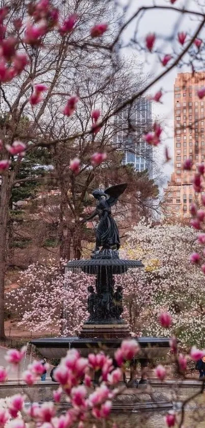 Blooming cherry blossom park with central fountain and city backdrop.