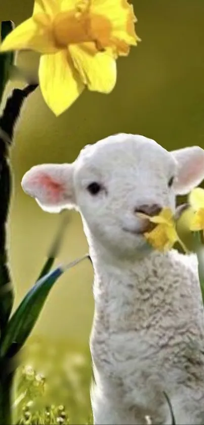 Cute lamb amidst yellow daffodils in springtime on a green backdrop.